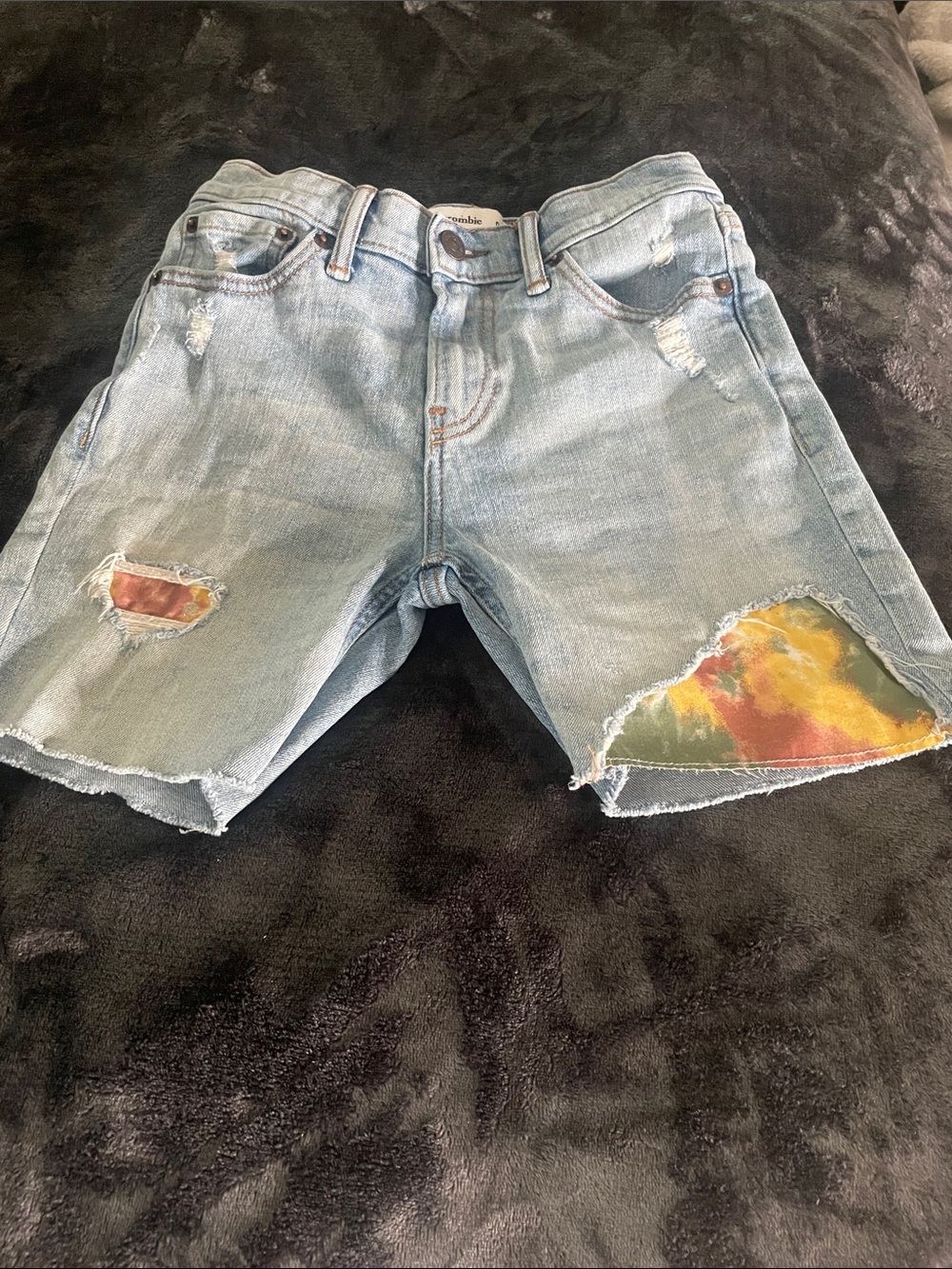 Abercrombie & Fitch Light Blue Distressed Denim Shorts with Tie-Dye Panels